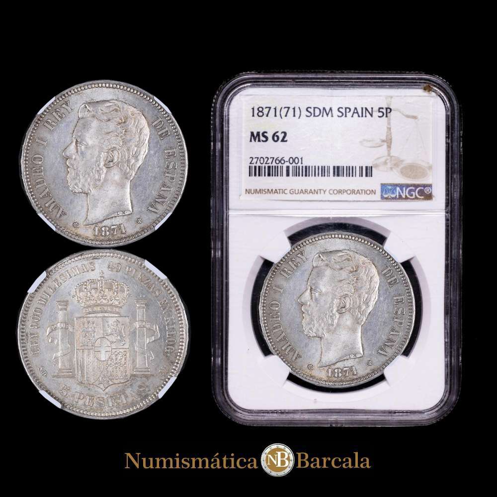 Amadeo I (1871-1873). 5 pesetas. 1871*18-71. Madrid. SDM. (Cal-1). Ag. Suave pátina de monetario. Restos de brillo original. Encapsulada por NGC como MS 62.