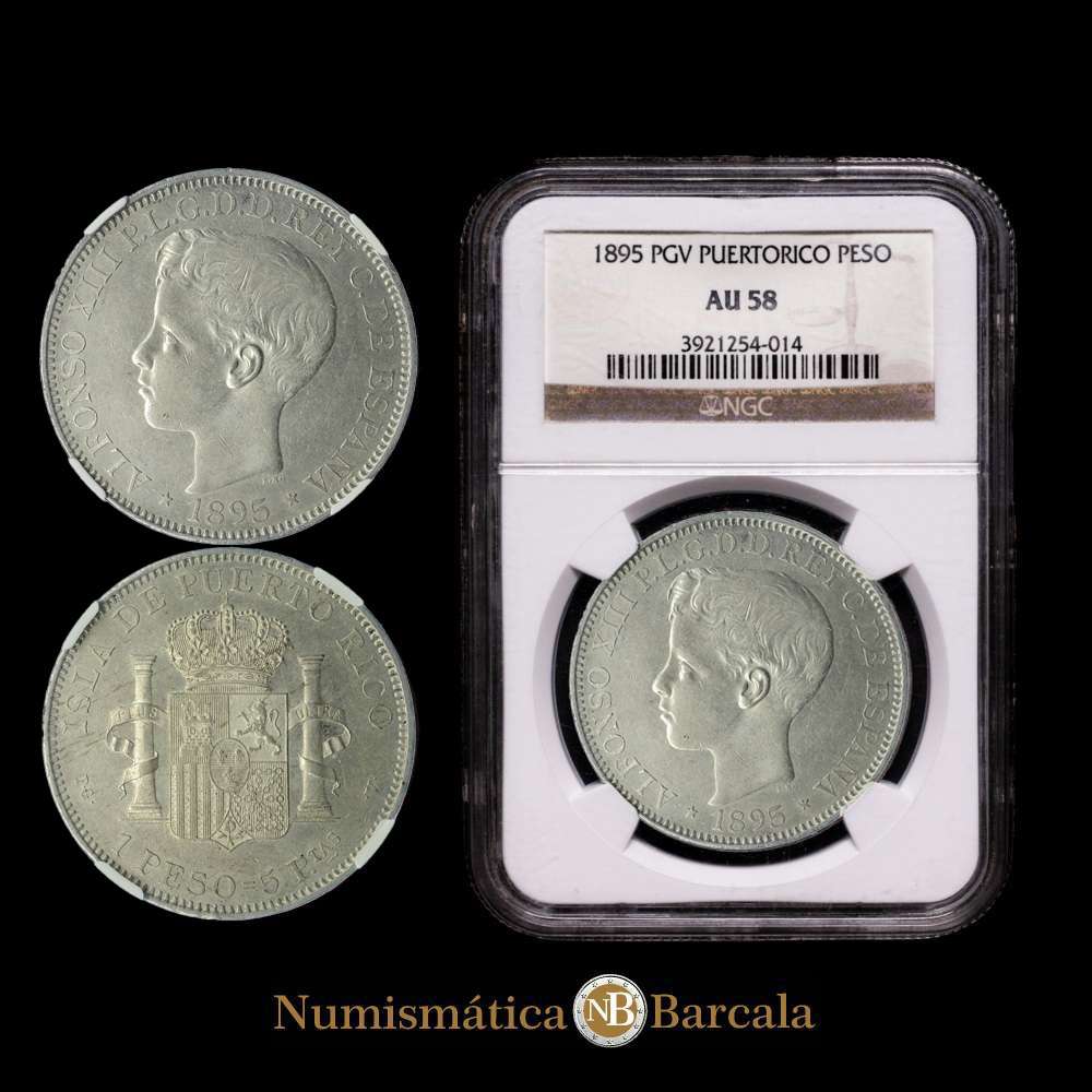 Centenario de la Peseta (1868-1931). Alfonso XIII (1886-1931). 1 peso. 1895. Puerto Rico. PGV. (Cal-128). Ag. Suave pátina. Encapsulada por NGC como AU58. Rara así.