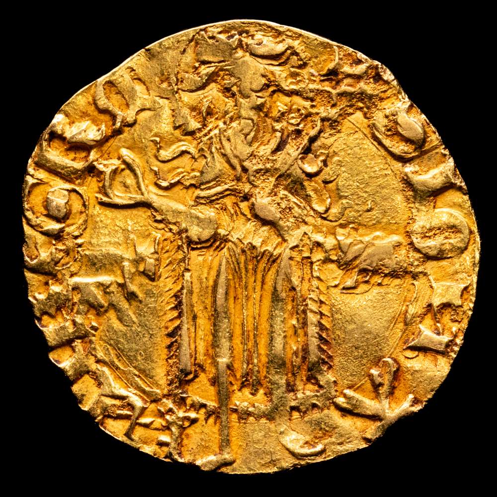 Alfonso IV (1416-1458). Mallorca. Florín. (Cru. VS 796) (Cru. CG 2840). Anv.: S IOH-NNIRS R M. Rev.: RGO-REX M. Marca: bueyes en el anverso. Atractiva. 3,43 g. MBC+.