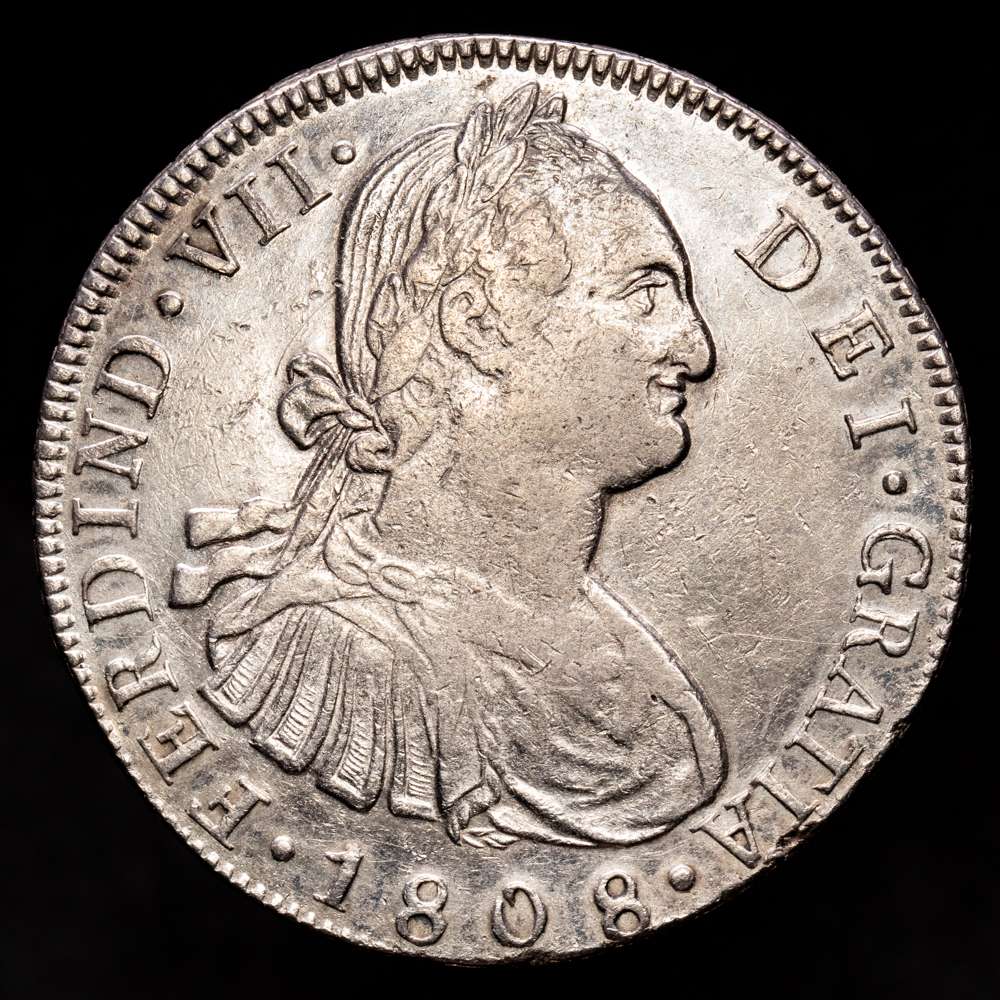 Fernando VII (1808-1833). 8 reales. 1808. Guatemala. M. (Cal-1219). Ag. 26,91 g. Busto de Carlos IV. Restos de brillo original. Escasa. MBC+.