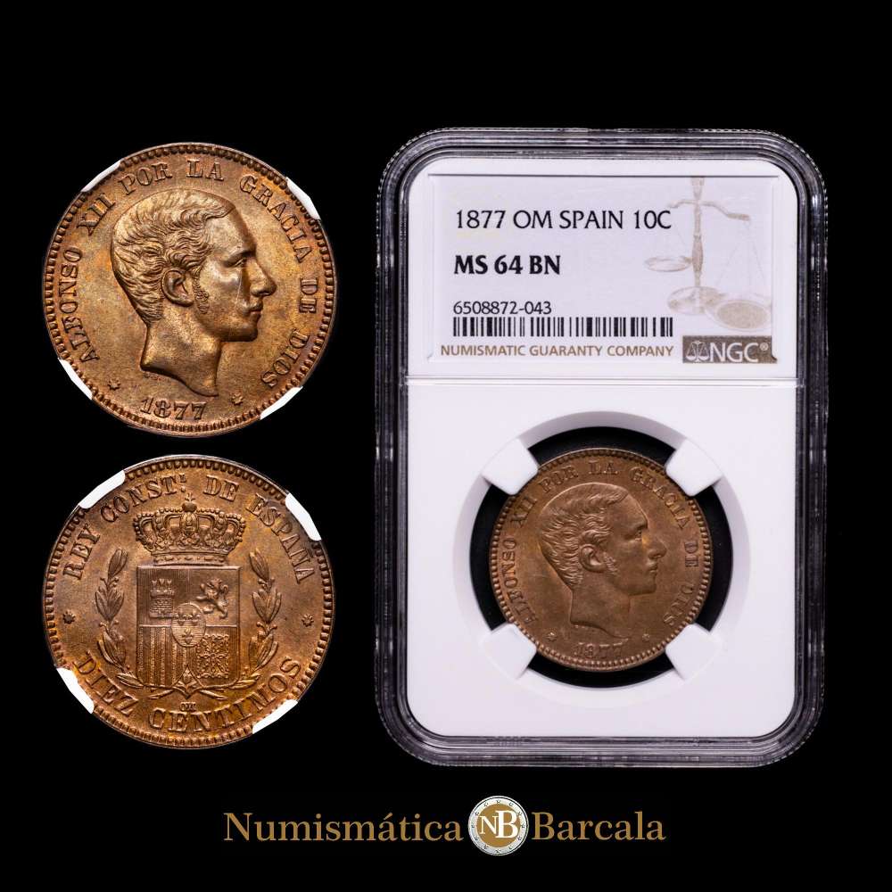 Centenario de la Peseta (1868-1931). Alfonso XII (1874-1885). 10 céntimos. 1877. Barcelona. (Cal-8). Ae. Parte de brillo original. Rara así. Encapsulada por NGC como MS 64 BN.
