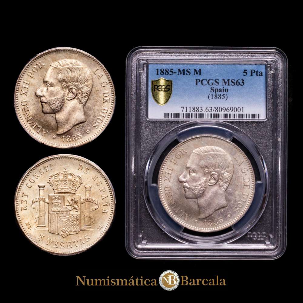 ESPAÑA. 5 Pesetas, 1885 (85)-MS M. Ceca de Madrid. Alfonso XII. Encapsulada por PCGS MS-63. KM-688; Cal-60. Un ejemplar de gran calidad.