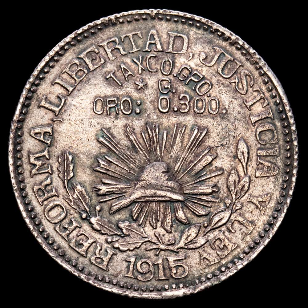 REVOLUCIÓN. 1 Peso. (12,58 g.). Taxco. 1915. KM# 672 (GB231) , Guerrero. Buena acuñación, Bella pátina oscura. EBC.