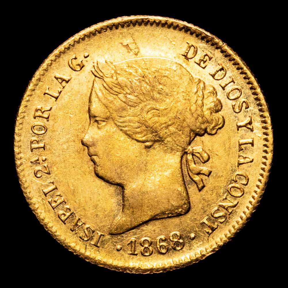 Isabel II. (1833-1868). 1 Peso. (1,63 g.). Manila. 1868. AC-833. Hojitas. Brillo original. EBC. Muy escaso.