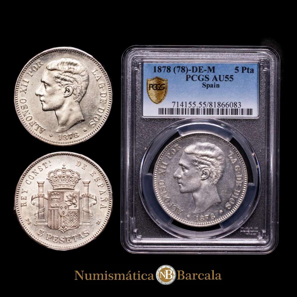 Centenario de la Peseta (1868-1931). Alfonso XII (1874-1885). 5 pesetas. 1878*18-78. Madrid. DEM. (Cal-39). Ag. 25,00 g. Encapsulada por PCGS COMO AU 55.