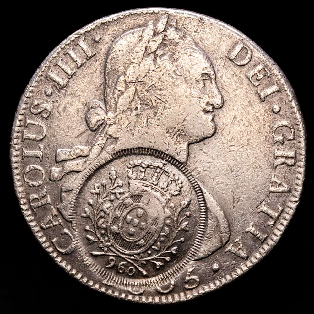 Carlos IV (1788-1808). 8 reales. 1805. Potosí. PJ. (Cal-1010). Ag. 26,66 gramos. Resellos de Minas Gerais para circular como 960 reis. VF.