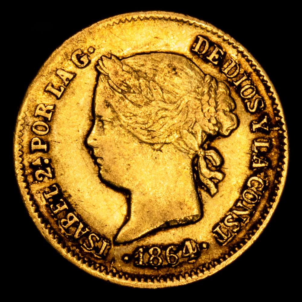 Isabel II (1833-1868). 1 peso. 1864. Manila. (Cal-826). Au. 1,68 g. MBC+.
