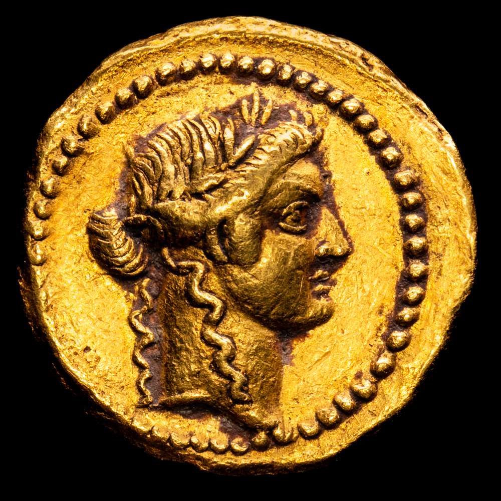 Vibia. C. Vibius Varus. Áureo. 42 a.C. Roma. (Craw-494/34). (Babelon-Vibia 27). (Sydenham-1137). AU 7,99 g. 19,9 mm. CRAW-494.34; Cal.-33. VF+. Rara.