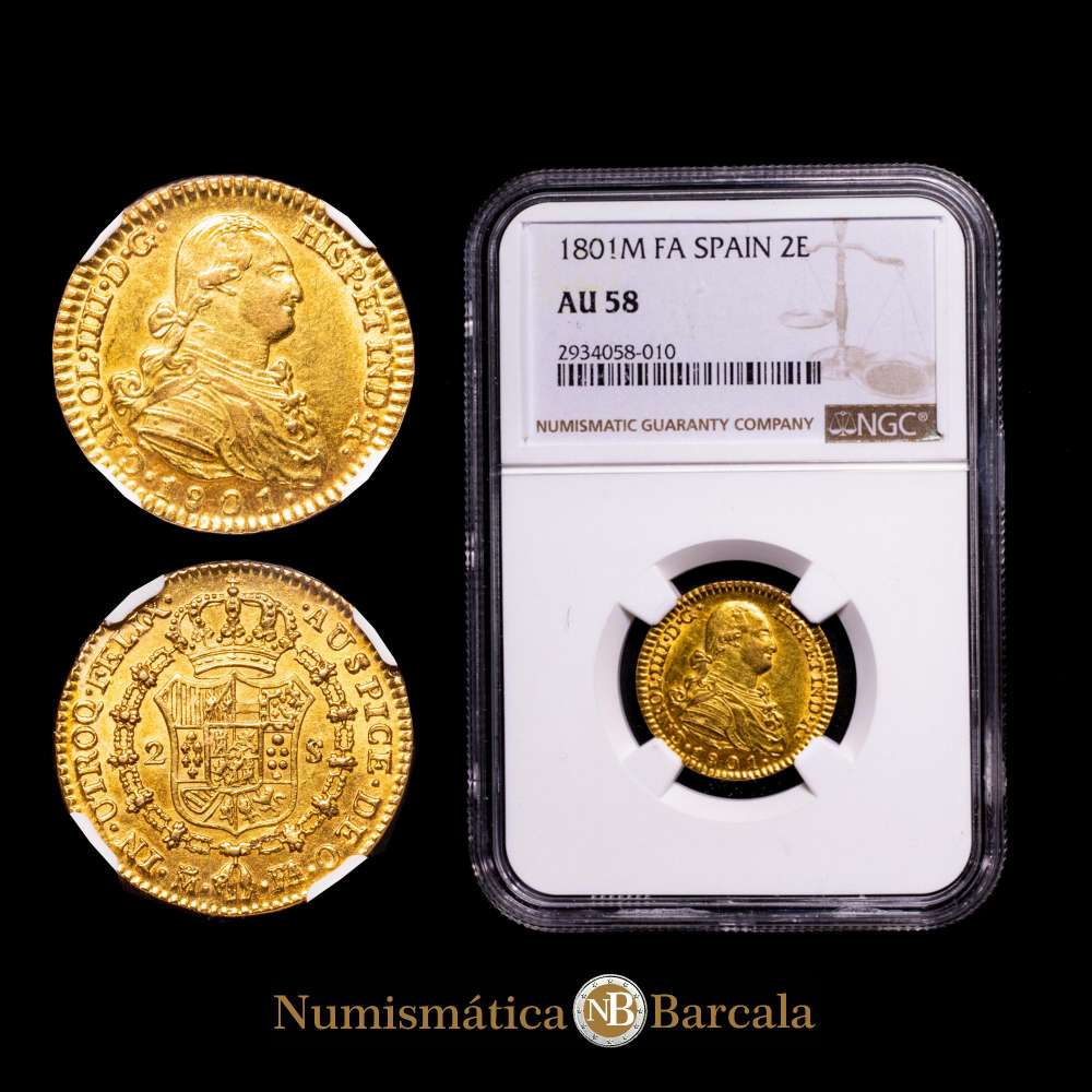 Carlos IV (1788-1808). 2 escudos. 1801. Madrid. FA/MF. (Cal-1302). Encapsulada por NGC como AU 58, aunque la capsula no lo refeja tiene los ensayadores rectificados. Bonito color.