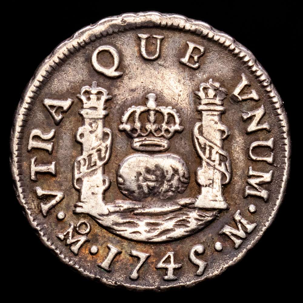 Felipe V. 1745. México. M. 1 real. (AC.522). Columnario. Atractiva. Escasa. 3,32 gramos. MBC+. Bonita pátina irisada.