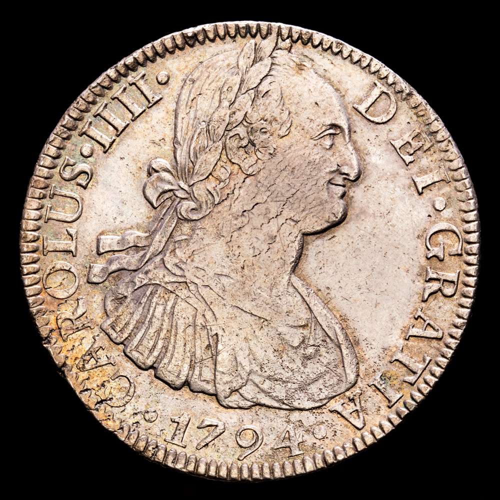 Carlos IV. 8 Reales. (26,71 g.). México. 1794. F·M. AC-956. Ligera pátina irisada con tono mate. EBC-.