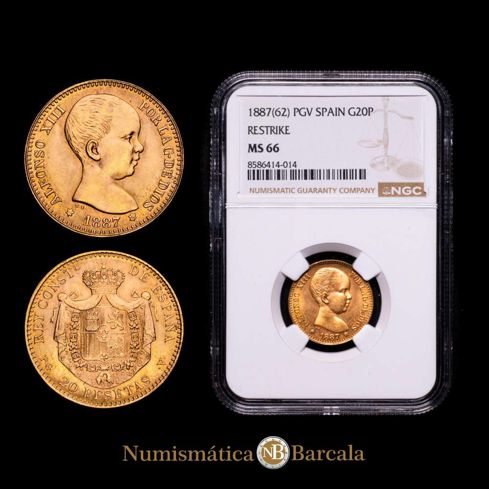 Estado Español (1936-1975). Alfonso XIII. 20 pesetas. 1887*19-62. Madrid. PGV. (Cal-171). Au. 6,45 g. Reacuñación oficial. Bonito color. Encapsulado por NGC MS 66.