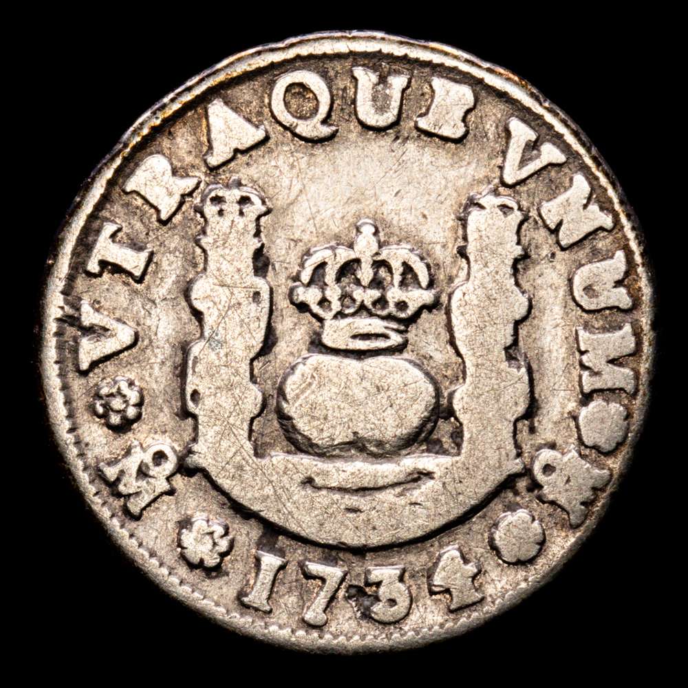 Felipe V (1700-1746). 1 real. 1734. México. MF. (Yonaka-M1-34; Cal-509; KM-75.1.). Ag. 3,08 gramos. BC+.