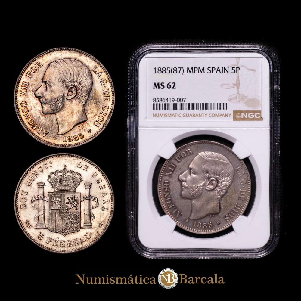 ALFONSO XII. 5 pesetas. 1885*18-87. MPM. (Cal-2019-62). SC, Parte de brillo original.Bella pátina.  Encapsulada por NGC como MS 62.