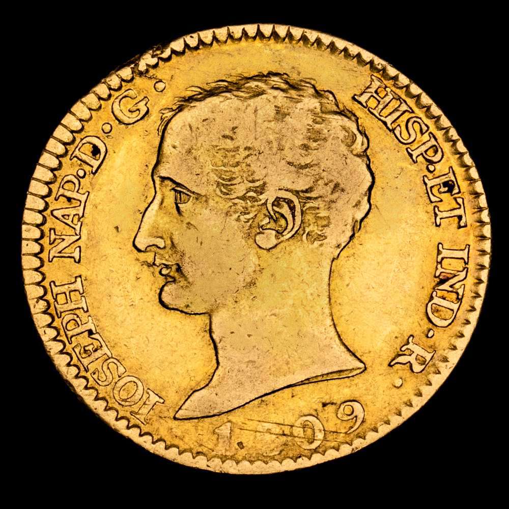 José Napoleón Bonaparte, 1809 Madrid. AI. 80 reales. (AC.47). Busto desnudo. Rara. 6,57 gramos. MBC.