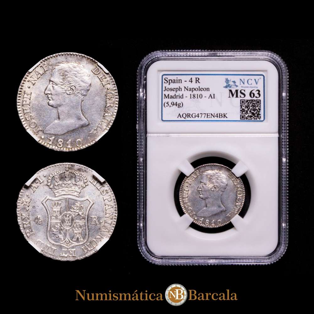José Napoleón (1808-1814). 4 reales. 1810. Madrid. AI. (Cal-14). Ag. 5,94 g. Suave tono y gran parte de brillo original. Encapsulada por NCV como MS 63. Muy escasa en esta conservación.