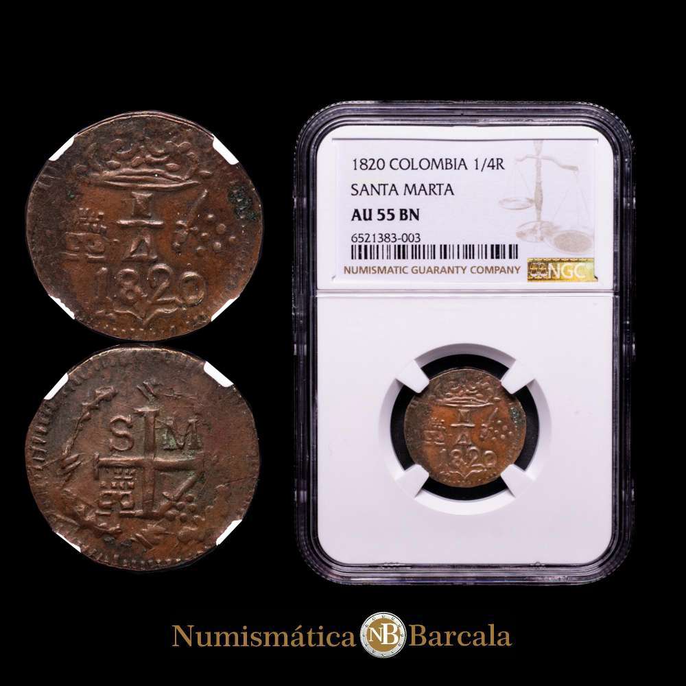 Fernando VII. 1/4 real. 1820. Santa Marta. (Cal-119). (Restrepo-104.1). Ae. Acuñación bastante bien centrada con todos sus detalles perfectamente definidos. Encapsulada por NGC como AU 55 BN.