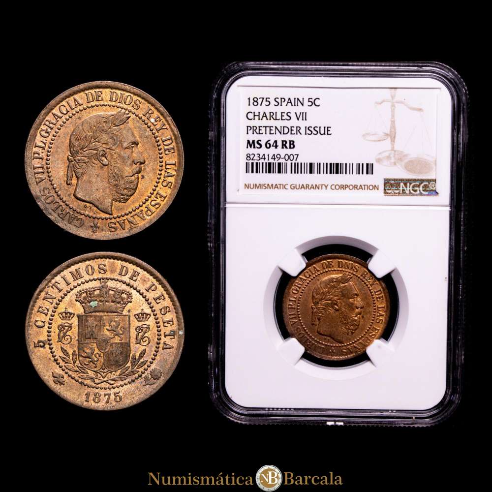 Carlos VII Pretendiente. Oñate. (1872-1876). 5 céntimos. 1875. (AC.2). Ae. Muy bella. Pleno brillo original. En cápsula de la NGC como MS64 RB.