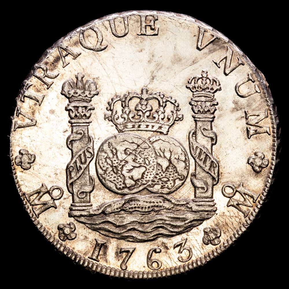 Carlos III (1759-1788). 8 reales. 1763. México. MF. (Cal-1086). Ag. 27,04 g. Restos de brillo original. EBC.