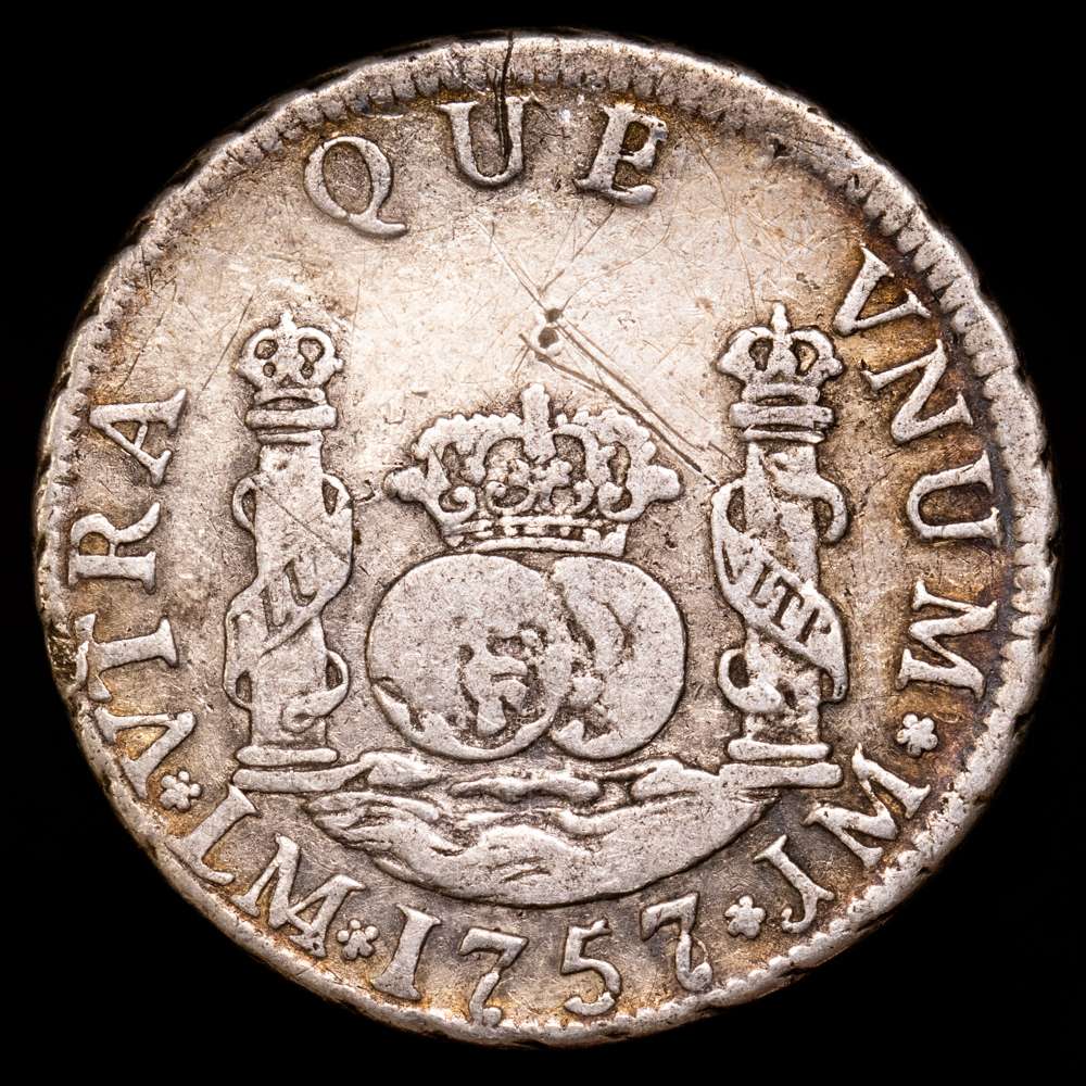 Fernando VI (1746-1759). 2 Reales. Lima. 1757/6 LM. (Cal.478 Variante) (AC.274). (Rayita en anv). Ag 6,36 gramos. VF. Escasa.