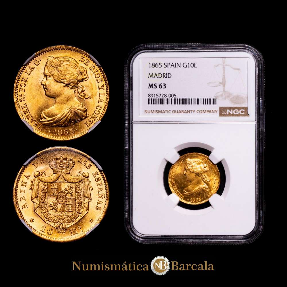 Isabel II (1833-1868). 10 escudos. 1865. Madrid. (Cal-810). Au. 8,41 g. Brillo original. Encapsulada por NGC como MS 63.