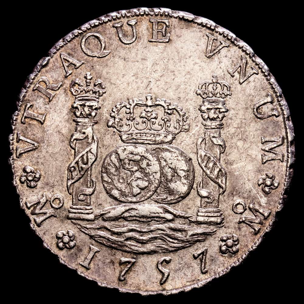 Fernando VI (1746-1759). 8 reales. 1757. México. MM. (Cal-493). Ag. 27,01 gramos.  Bonita acuñación. Escasa así. EBC. Tono.