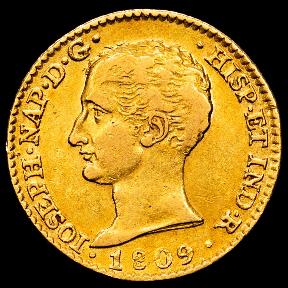 José Napoleón (1808-1814). 80 reales. 1809. Madrid. AI. (Cal-47). Au. 6,77 gramos. Busto con la cabeza descubierta.  Primer año del tipo. Rara. MBC+.