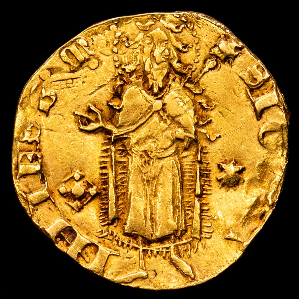 Marti I (1396-1410). Mallorca. Florín. (Cru.VS 495) (Cru.CG 2301). 3,41 g. Marcas: rombo ajedrezado – concha de vieira en el anverso y rombo partido – concha de vieira en el reverso. MBC.