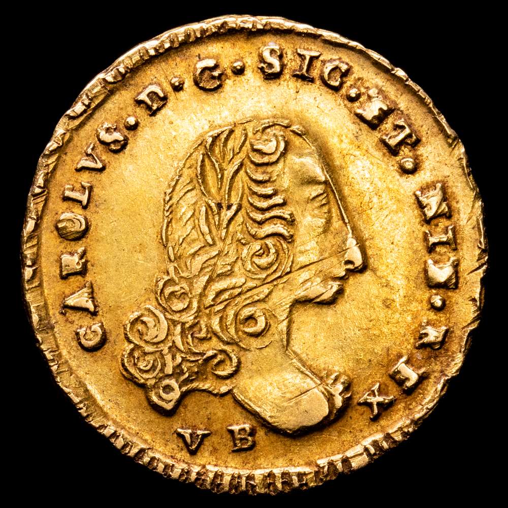 CARLOS III. Oncia. 1752. Palermo. VB debajo del busto. PN bajo alas de fénix. UA 4,42 g. 2,23 milímetros. Spahr-81; MIR-567/4. Líneas de ajuste. EBC.