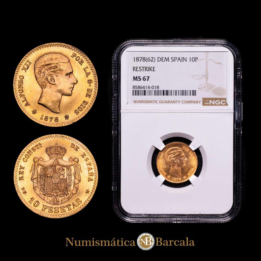 Estado Español (1936-1975). ALFONSO XII.  10 pesetas. 1878*19-62. Madrid. DEM. (Cal-168). Au. 3,23 g. Reacuñación oficial. Brillo original. Encapsulado por NGC MS 67.