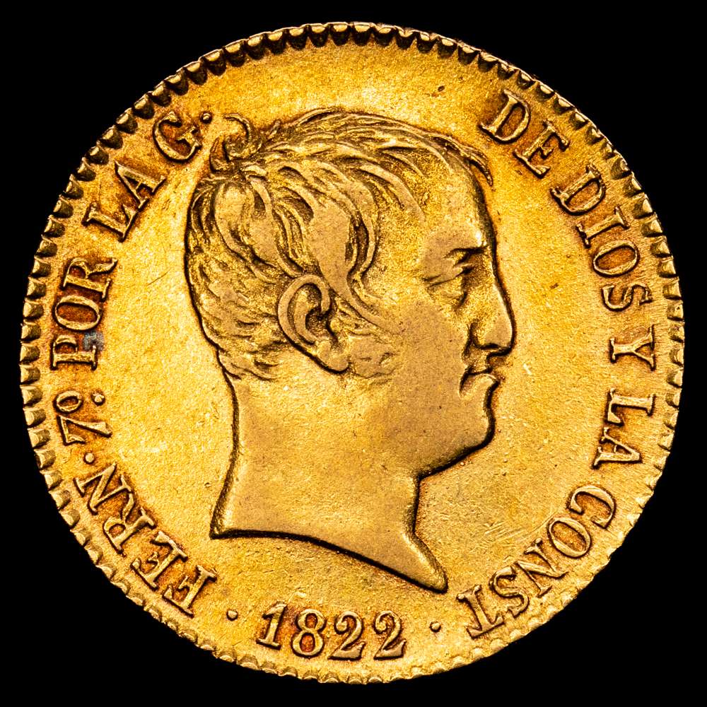 Fernando VII (1808-1833). 80 reales. 1822. Madrid. SR. (Cal-1641). Au. 6,75 g. Tipo “cabezón”. MBC+, restos de brillo original.