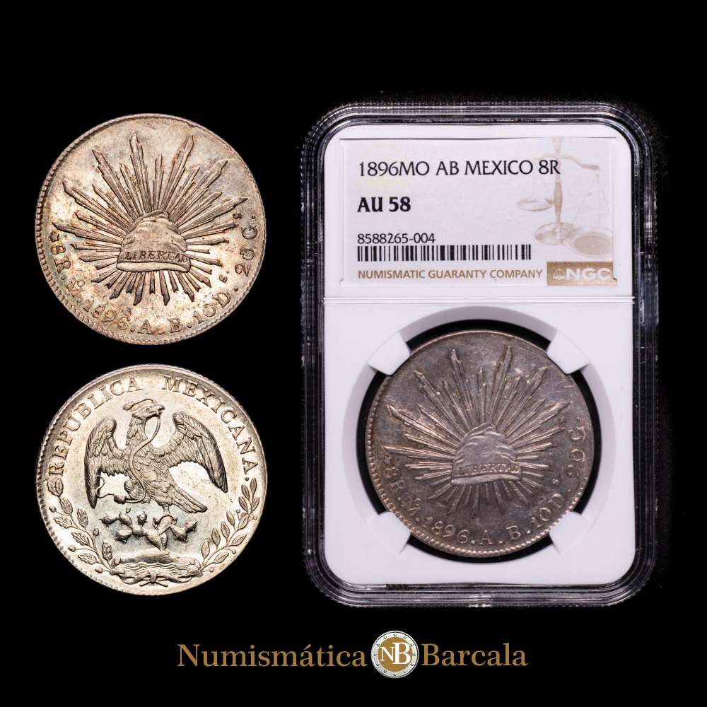 México. 8 reales. 1896. México. AB. (Km-377.10). Ag. Encapsulado por NGC como AU 58. Bella pátina. Gran parte de brillo original.