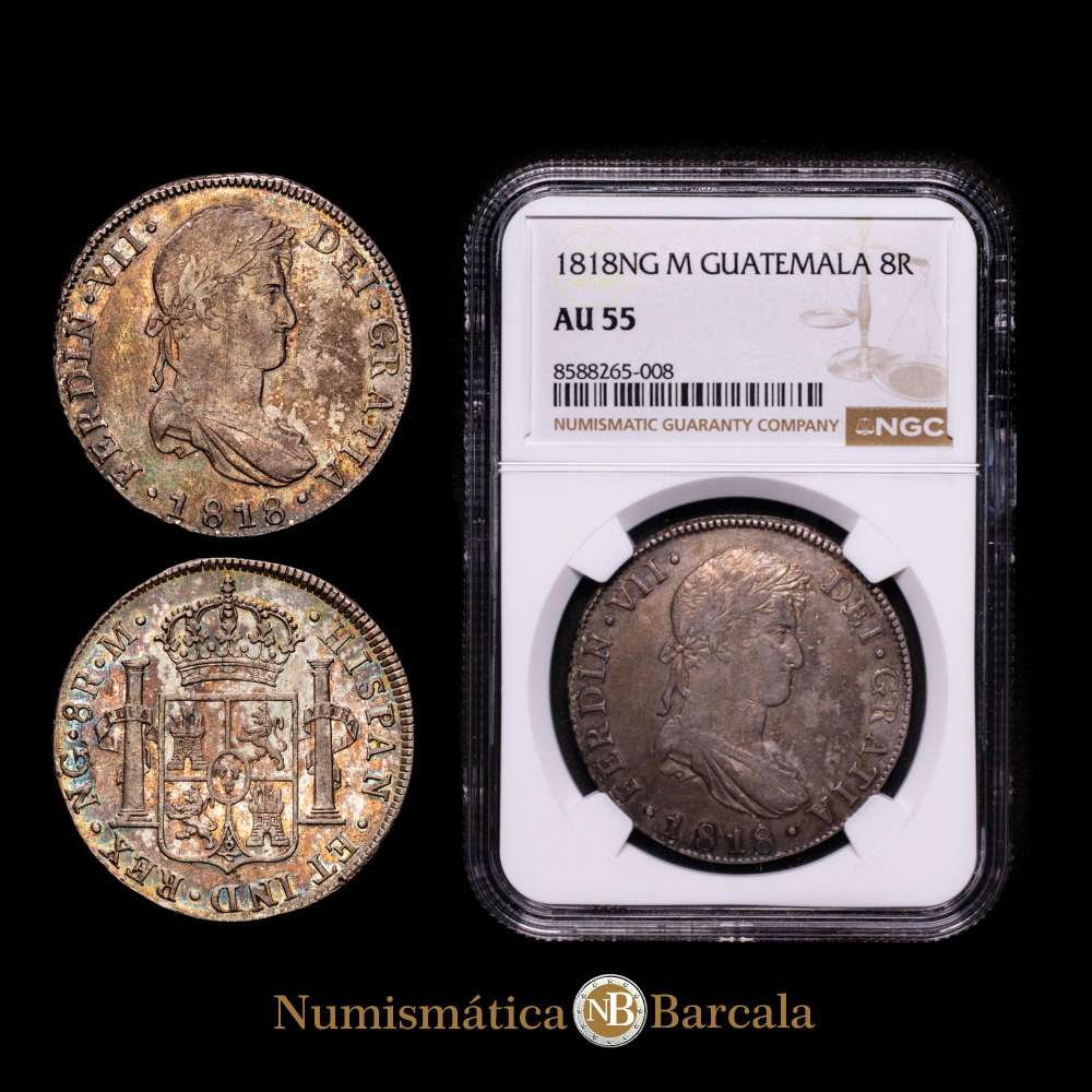 Fernando VII (1808-1833). 8 reales. 1818. Guatemala. M. (Cal-1233). Ag. 26,95 g. Bella pátina irisada.  Encapsulada por NGC como AU 55.
