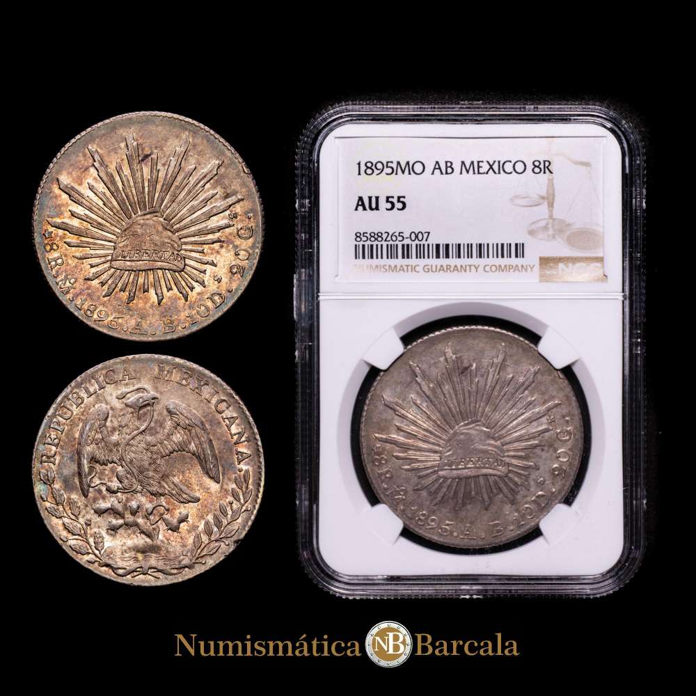 México. 8 reales. 1895. México. AB. (Km-377.10). Ag. Encapsulado por NGC como AU 55. Bella pátina. Restos de brillo original.