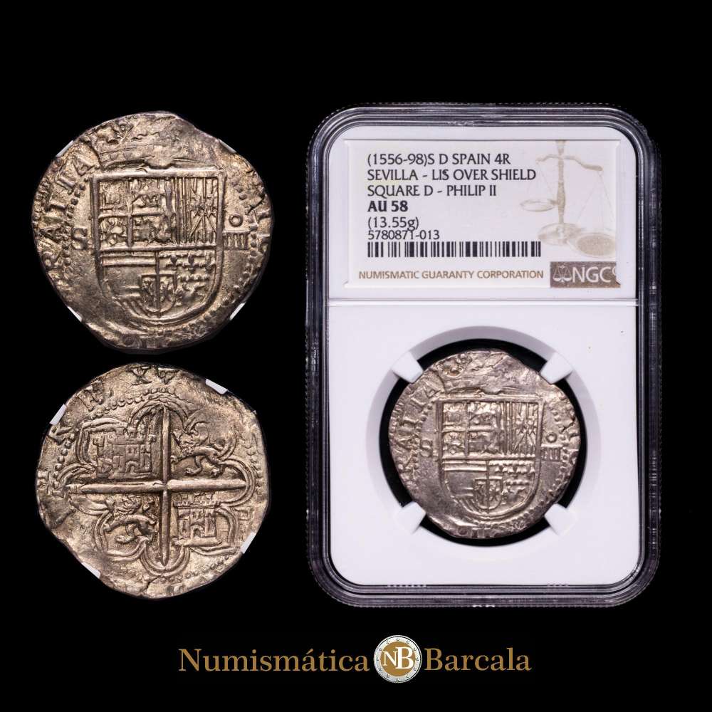 Felipe II (1556-1598). 4 reales. ND (ca. 1588). Sevilla. (Cal-576). Ag. 13,55 g. Ensayador d cuadrada en reverso. Encapsulada por NGC como AU 58. Moneda muy bella.