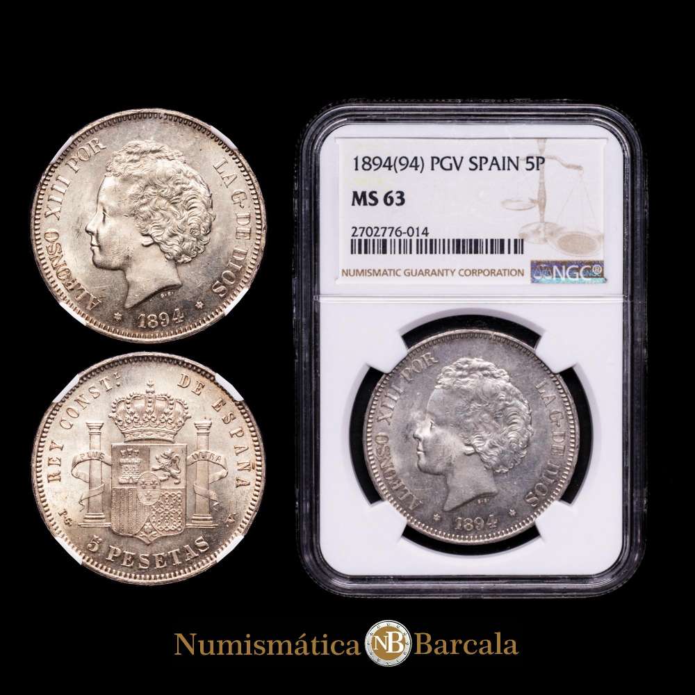 Centenario de la Peseta (1868-1931). Alfonso XIII (1886-1931). 5 pesetas. 1894*18-94. Madrid. PGV. (Cal-104). Ag. 25,00 g. Pleno brillo original. Encapsulado por NGC MS 63. Rara así.
