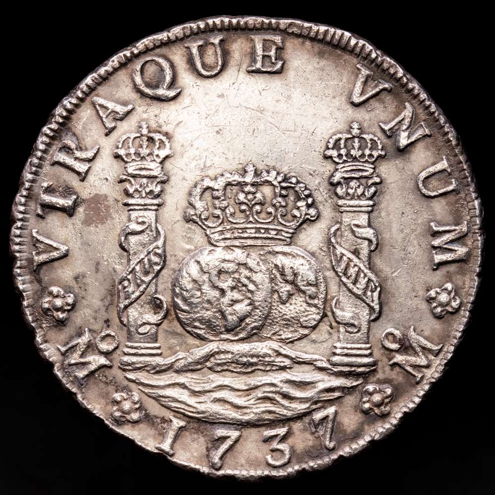 Felipe V (1700-1746). 8 reales. 1737. México. MF. (Cal-1446). Ag. 26,88 g. Leves oxidaciones marinas. EBC.