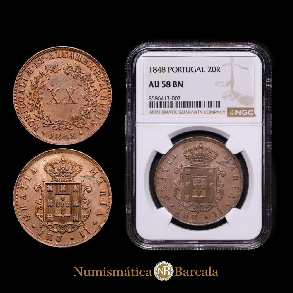 Portugal. 1848. María II. 20 reis. (Kr. 482) (Gomes 34.02). CU. Pátina.  Encapsulada por NGC como AU58 BN.