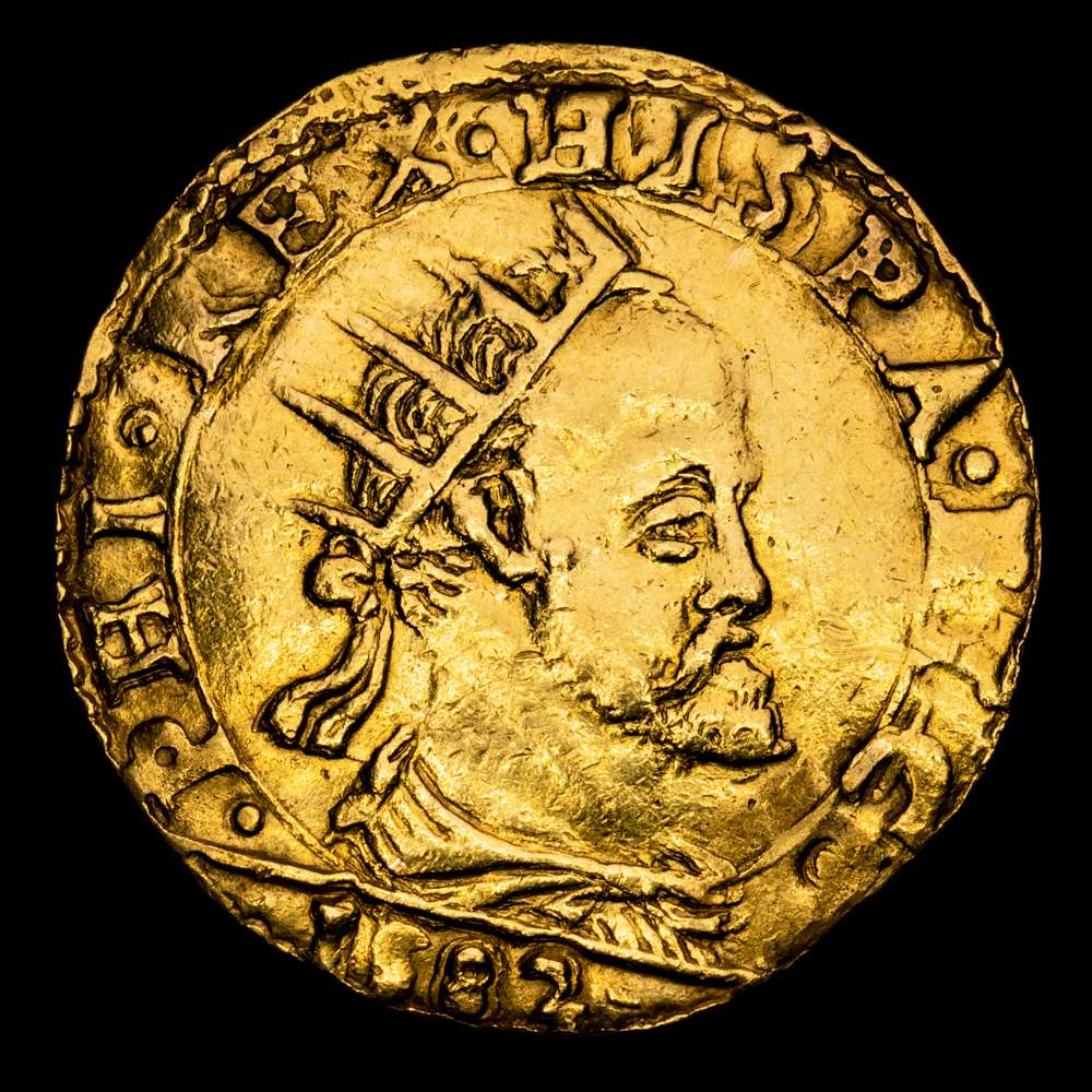 Felipe II. Doppia. (6,45 g.). Milán. 1582. MIR-301/2. MBC+. Acuñación bien centrada. Hermoso retrato. Rara.