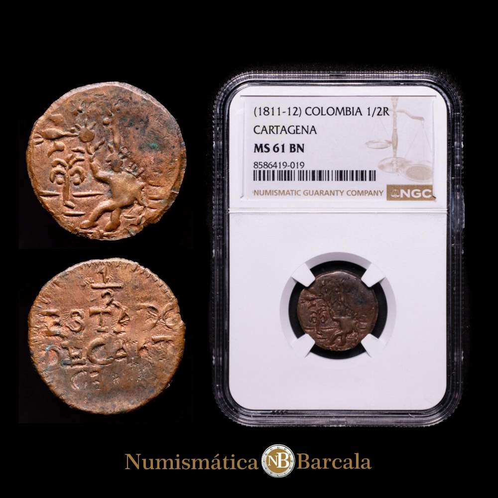 Fernando VII (1808-1833). Cartagena, Colombia, Ae 1/2 real, (1811-12), Encapsulada por NGC como MS 61 BN  (Top Pop), el mejor ejemplar conservado en el censo de NGC. Restrepo-131.5; KM-D2;.