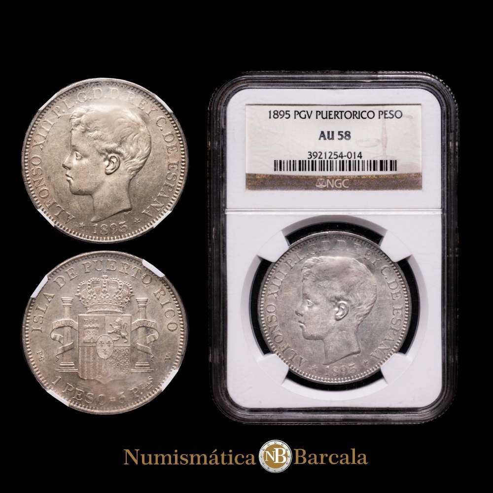 Centenario de la Peseta (1868-1931). Alfonso XIII (1886-1931). 1 peso. 1895. Puerto Rico. PGV. (Cal-128). Ag. Suave pátina. Encapsulada por NGC como AU58. Rara así.