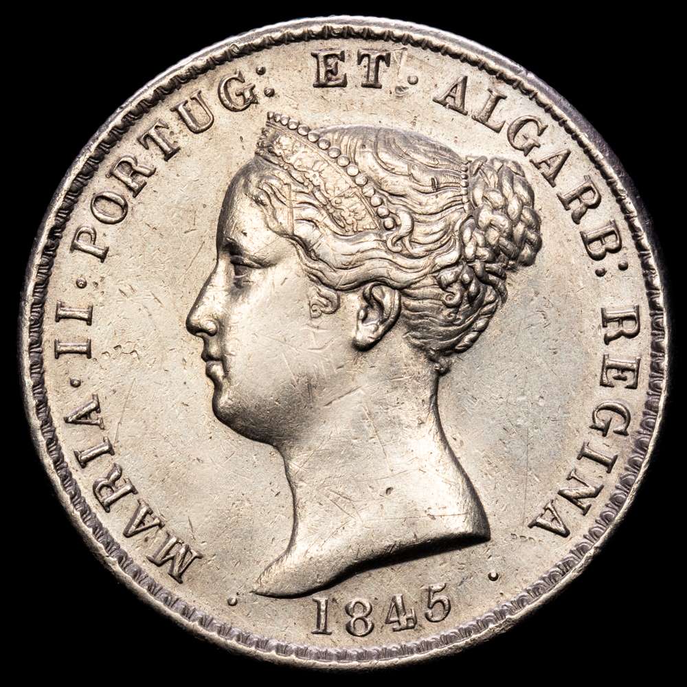 Portugal. D. María II (1834-1853). 1000 Reis. 1845. (Gomes-40.05). (Km-472). Ag. 29,51 gramos. EBC-.