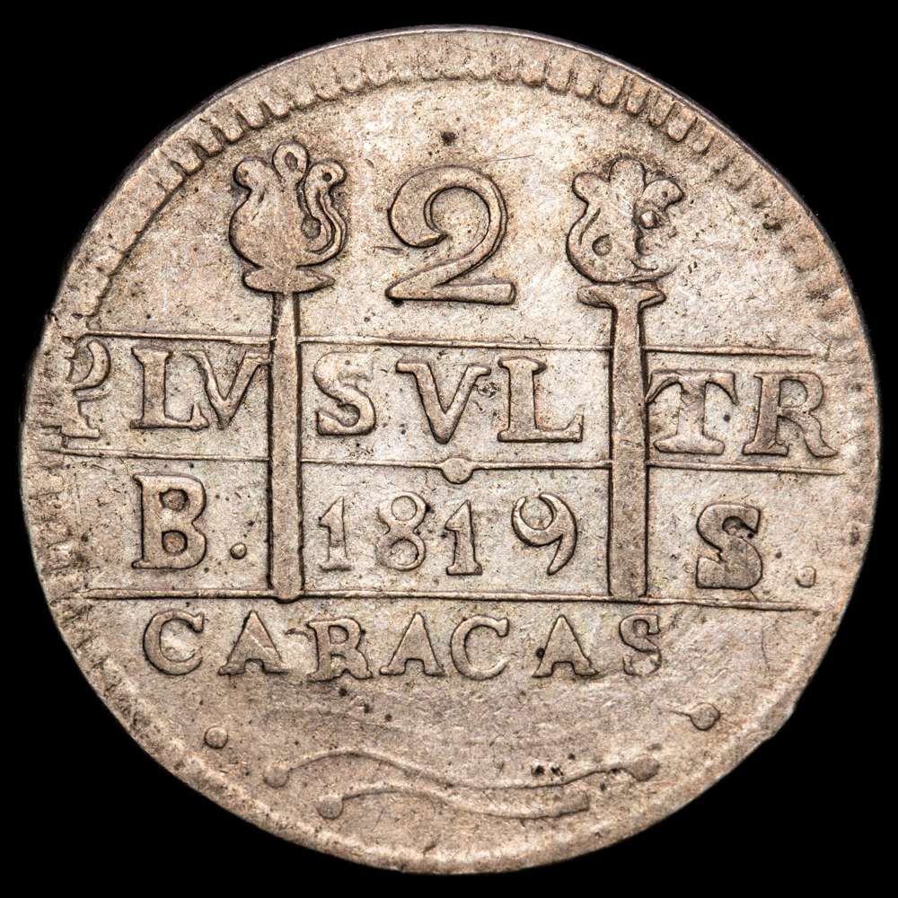 Fernando VII. 2 Reales. (4,99 g.). Caracas. 1819. B·S. AC-732. MBC. Muy escasa