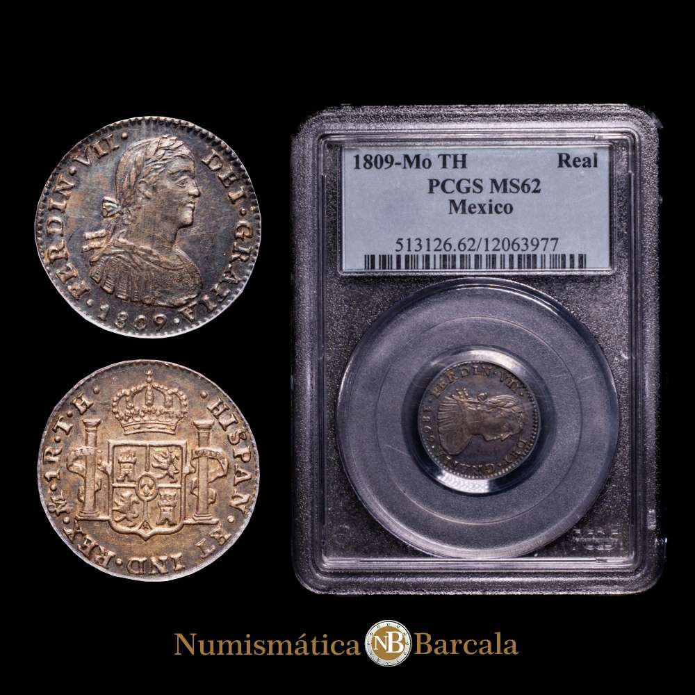 Fernando VII (1808-1833). 1 real. 1809. México. TH. (Cal-600). Ag. Bonita pátina. Escasa en esta conservación. Encapsulada por PCGS como MS 62.