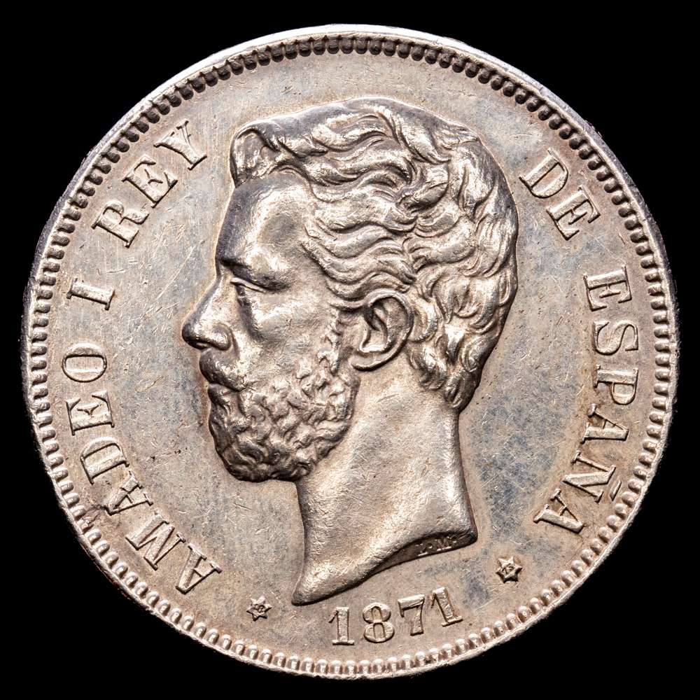 AMADEO I (1871-1873). 1871*1875 DEM. Madrid. 5 pesetas. (Aureo y Calicó-7). 25,09 gr. AR. Acuñada bajo el reinado de Alfonso XII. EBC.