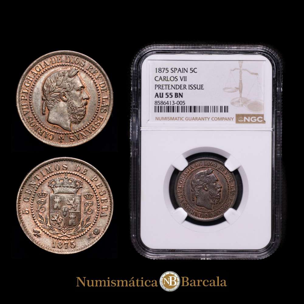 Centenario de la Peseta (1868-1931). Carlos VII (1872-1876). 5 céntimos. 1875. Oñate. (Cal-2). Ae. Encapsulada por NGC como AU 55 BN.