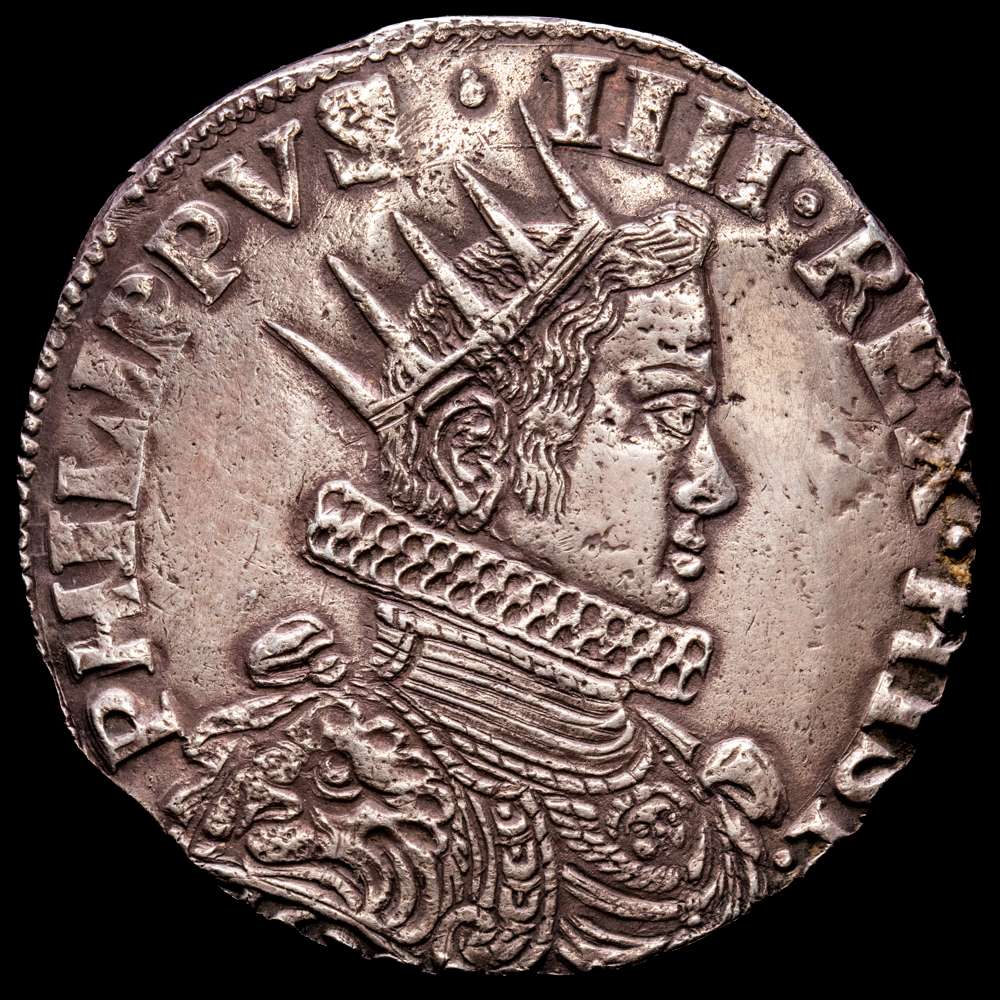 Milán (Ducaton). Felipe IV . 1621-1665. AR Ducatone (43 mm, 32,06g). Fechado en 1630. Busto radiado, MIR 361/7; Crippa 11; Davenport 4001; KM 43. R.-1. Ligeramente tonificado, MBC+.