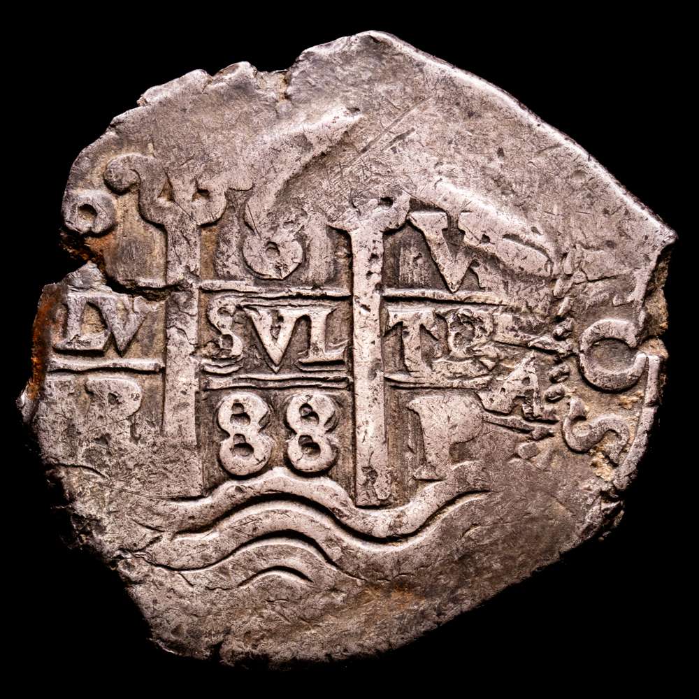 Carlos II (1665-1700). 8 reales. 1688. Potosí. VR. (Cal-373). Ag. 27,04 g. Dos fechas visibles. XF.  Pátina oscura.