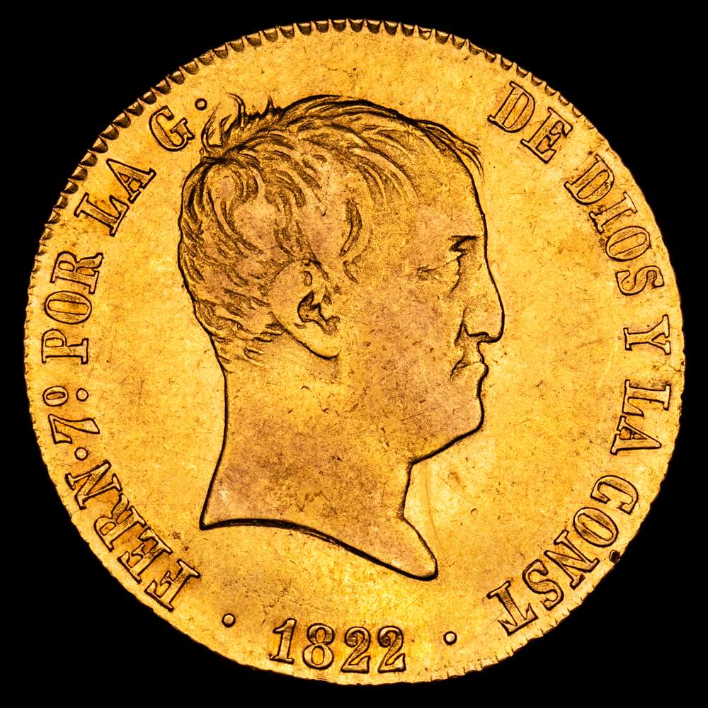 Fernando VII (1808-1833). 160 reales. 1822. Madrid. SR. (Cal-1719). Au. 13,47 g. Tipo “Cabezón”. Bonito color. MBC+.