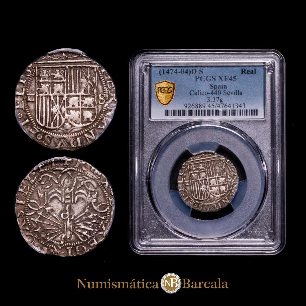 Reyes Católicos (1474-1504). 1real. (Ar. 3,37g/25mm). Ensayador d cuadrado. Sevilla. (Cal-2019-440).  Encapsulada por PCGS como XF 45.